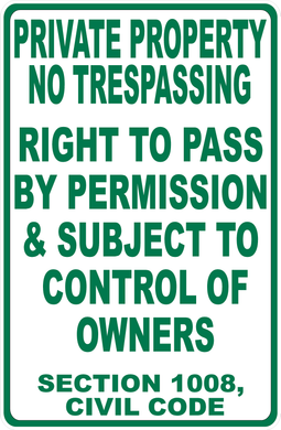 Private Property  No Trespassing Right to Pass by Permission Subject Control of Owners Sign Vertical Version