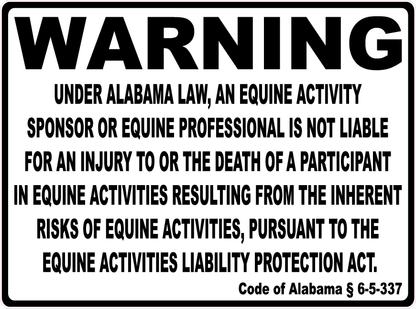 Warning Alabama Equine Liability Sign