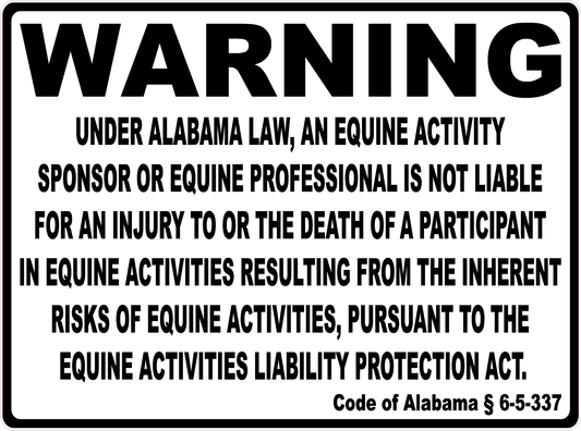 Warning Alabama Equine Liability Sign
