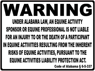 Warning Alabama Equine Liability Sign