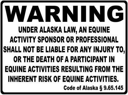 Warning Alaska Equine Liability Sign