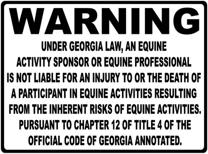 Warning Georgia Equine Law Sign