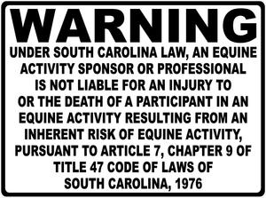 Warning South Carolina Equine Law Sign