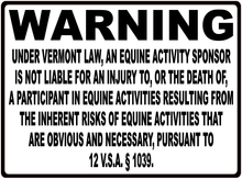 Warning Vermont Equine Law Sign